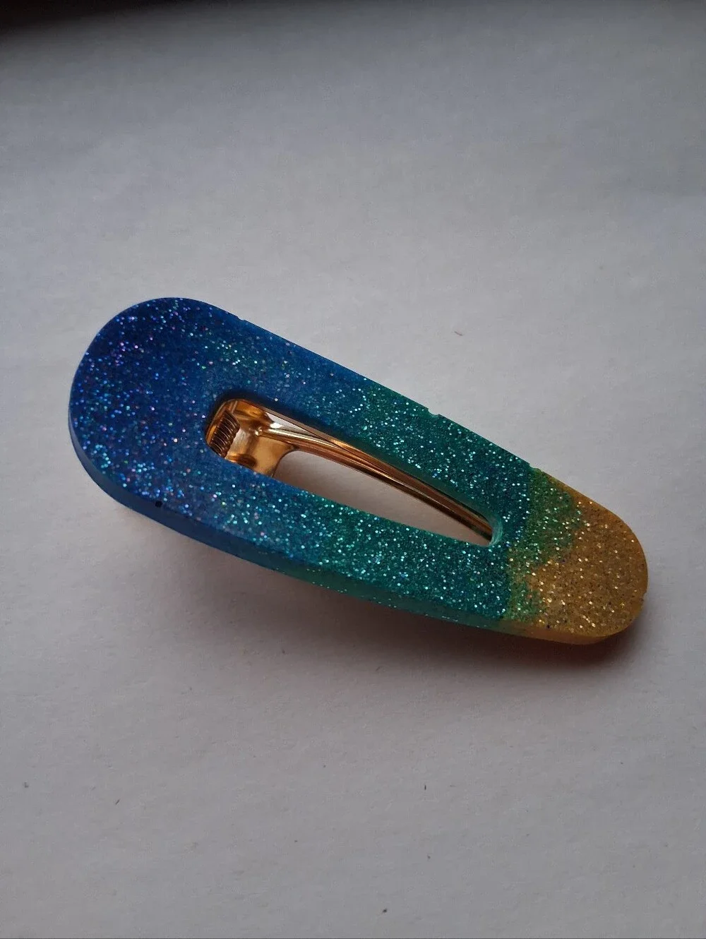 5/$25 Hand Crafted blue green gold glitter hair clip